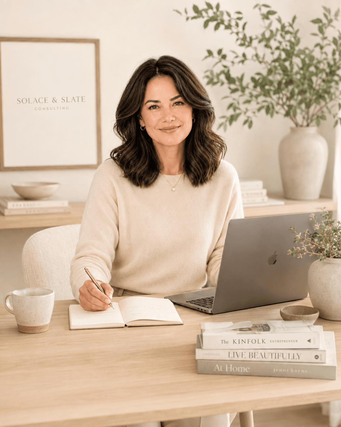 Rachel working at her desk at Solace & Slate Consulting