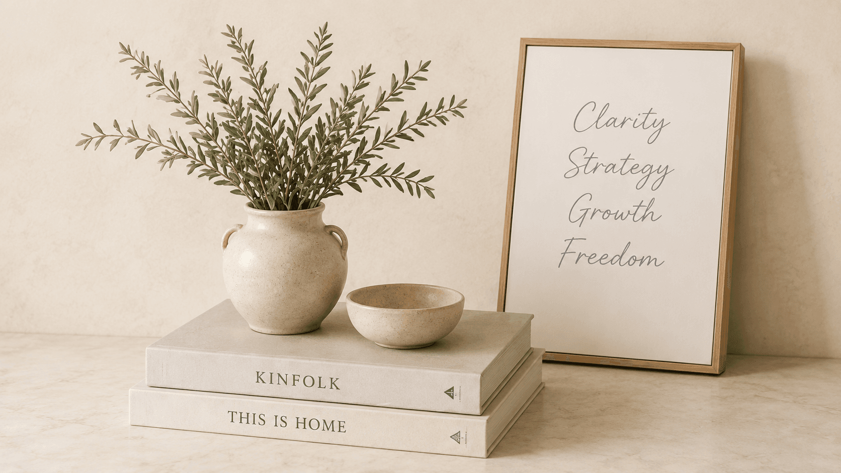 Greenery, stacked books and framed words representing clarity, strategy, growth and freedom