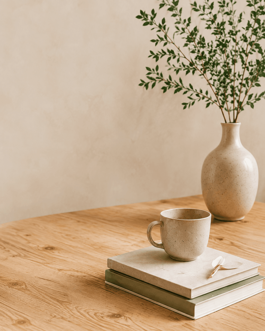 Warm workspace with books, ceramic cup and vase with greenery